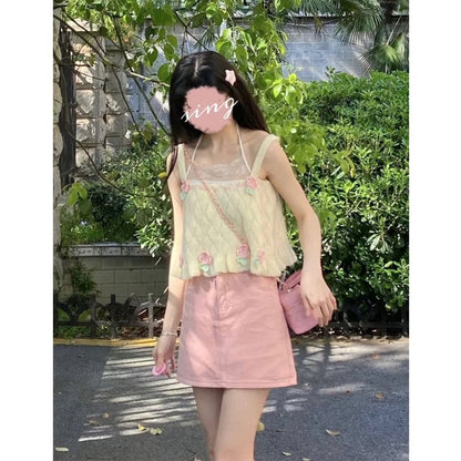 Summer's new style of sweet and spicy little man wears a girly age-reducing camisole pink short skirt two-piece suit