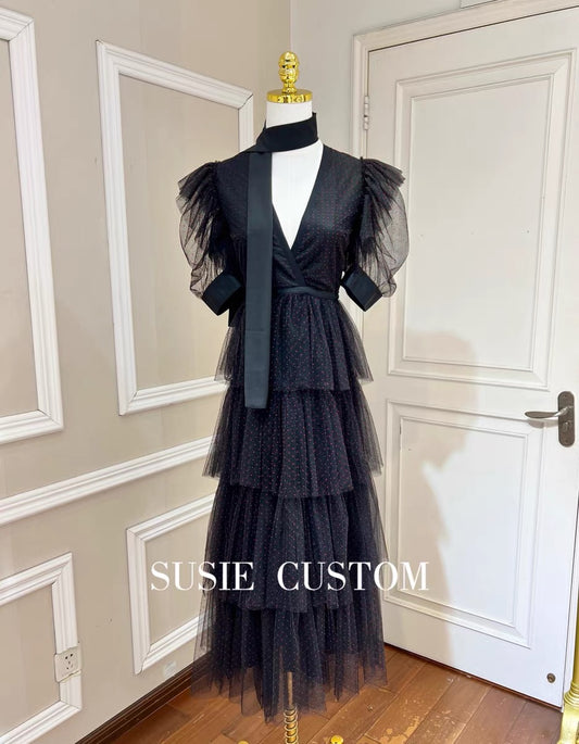 High customization deep V-neck ruffled ruffled puff sleeves waist layered cake polka dot mesh long skirt with scarf