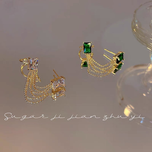 SUGAR French retro emerald earrings light luxury niche high-end tassel one-piece earbone clip earrings women