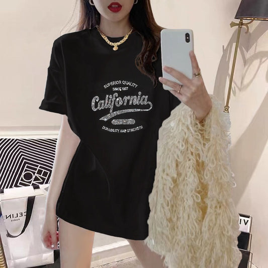 2023 new summer dress black t-shirt women hot diamond big love loose pure mid-length round neck short-sleeved top ins tide