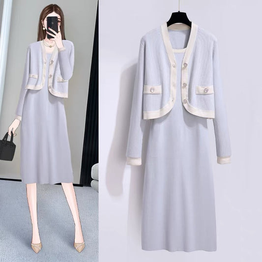 Knitted dress 2022 early autumn new style small fragrance women's winter temperament goddess fan sling cardigan two-piece set