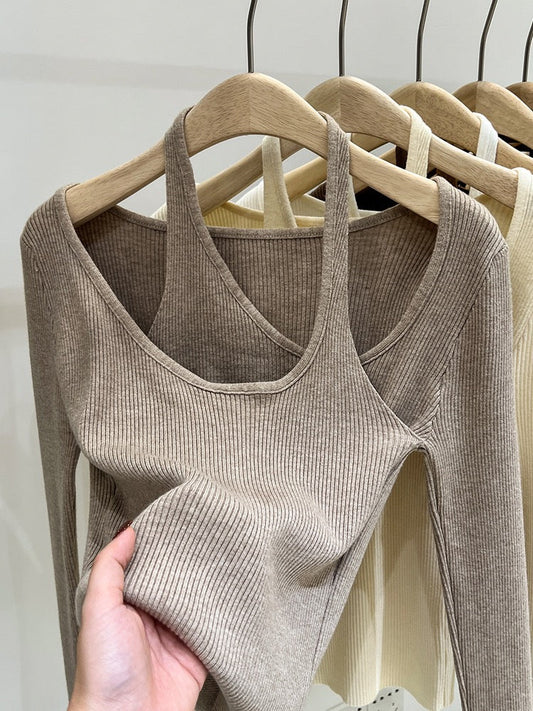 White long-sleeved knitted sweater women's pure desire top early autumn 2022 new hot girl hollow design sense inner bottoming shirt