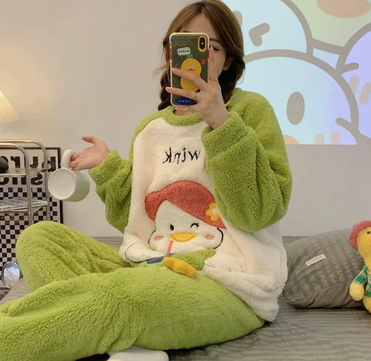 2022 new coral fleece pajamas women's autumn and winter thickened cute cartoon flannel home clothes casual suit winter
