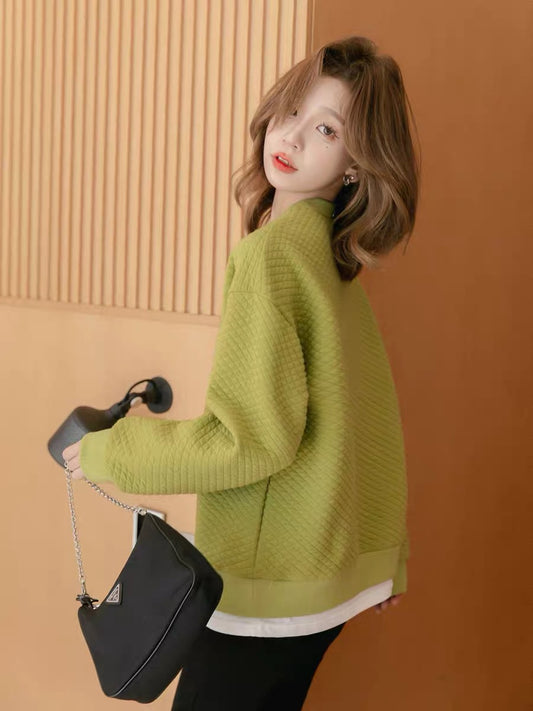Small grain fake two-piece round neck sweater women's 2022 autumn and winter new small loose casual Korean version knitted top