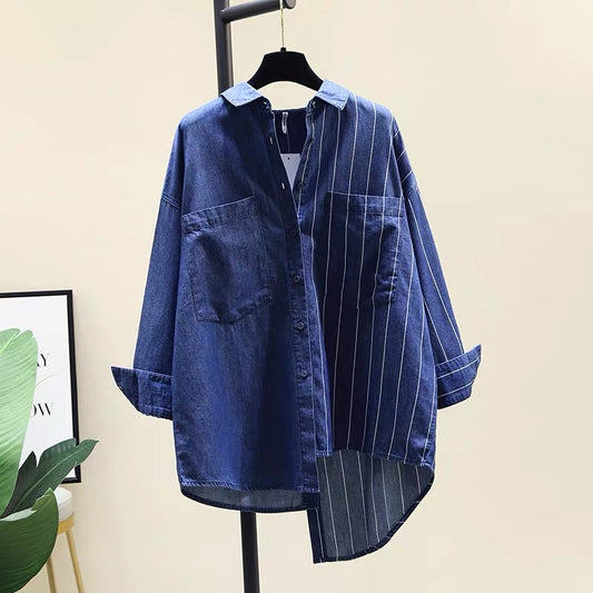 Dark blue denim shirt women's 2022 spring new Korean version irregular double pocket striped stitching shirt top