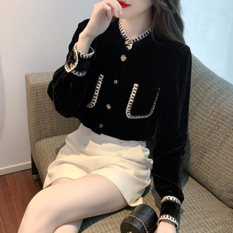 French style small fragrance high-end black velvet shirt women's 2023 new autumn and winter plus velvet thick temperament top