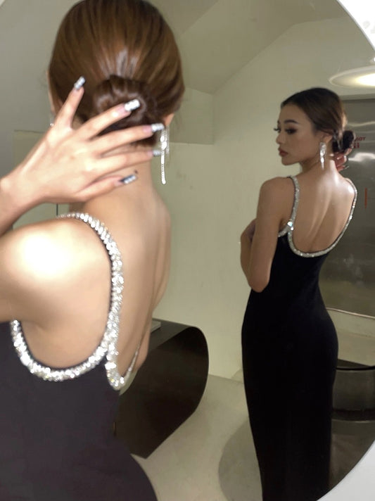 Black diamond sparkling slim sexy suspender dress female backless light luxury high-end dress skirt annual meeting