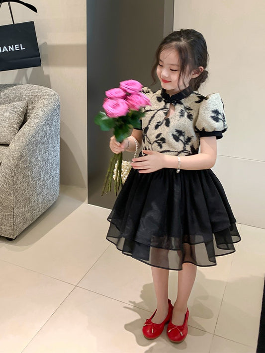 Original girls' cheongsam retro stitching dress summer children's Chinese style girl crescent hollow fluffy skirt