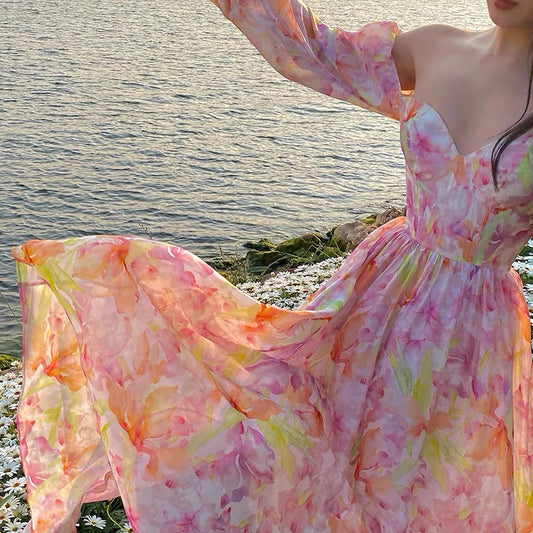 Xiaoli iris floral one-shoulder V-neck long puff sleeve chiffon dress 2022 new spring and summer princess dress