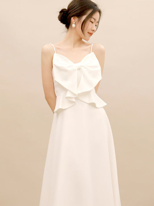 TANSSHOP bow-knot shape suspender skirt 2022 spring new women's white A-line mid-length dress