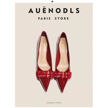 AUENODLS leather wine red word lace pointed high-heeled shoes women patent leather bridesmaid low stiletto wedding shoes women