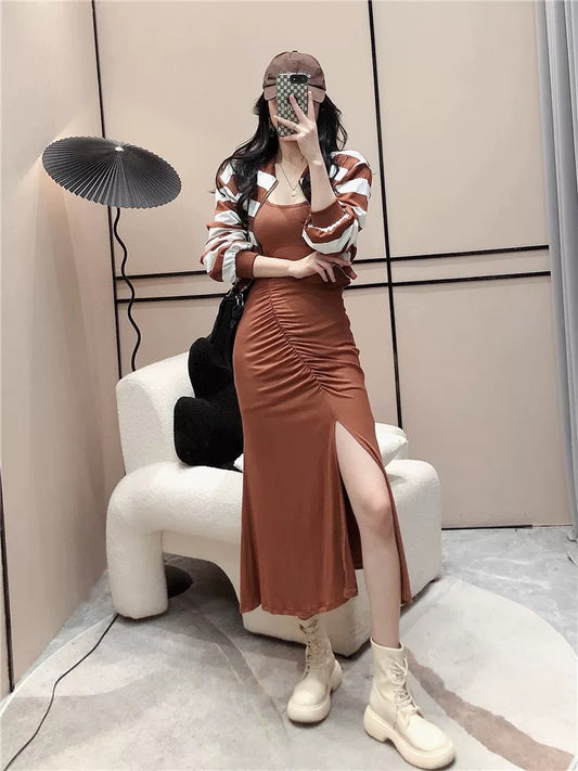2022 autumn and winter new Hong Kong style striped baseball uniform jacket + high waist slit suspender dress two-piece women