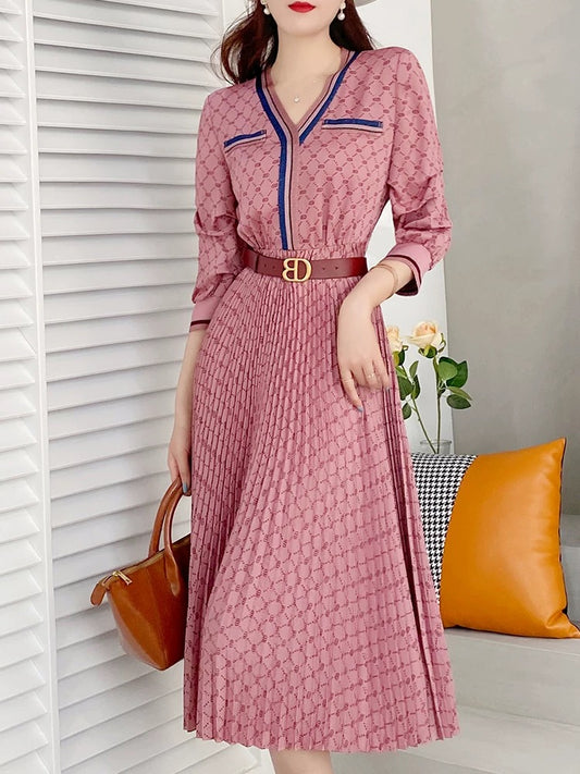 Early autumn high-quality big-name plaid French tea break dress women's new casual temperament v-neck pleated long skirt 1788