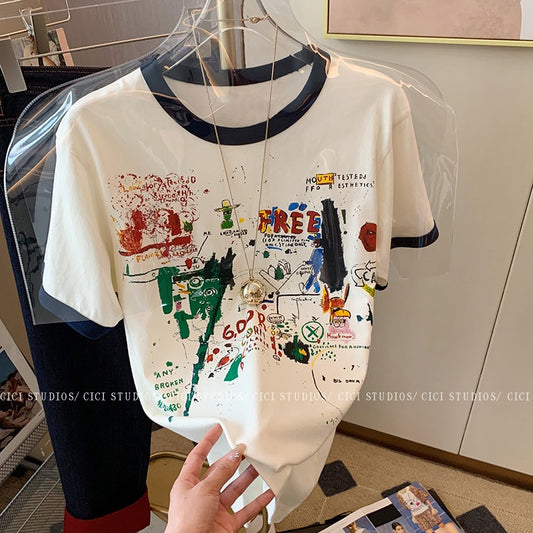 Retro Japanese fun graffiti printing white short-sleeved t-shirt women's summer 2023 new design casual top ins