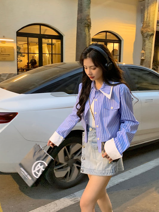 Buckwheat Qiaoqiao "Fresh Style" blue striped shirt spring and autumn all-match short shirt women's sense of luxury