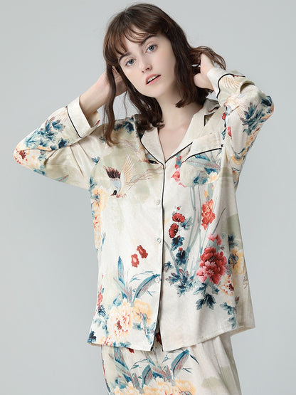 IIZZINI original women's pajamas spring and autumn long-sleeved ice silk national style ink printing luxury silk home service suit