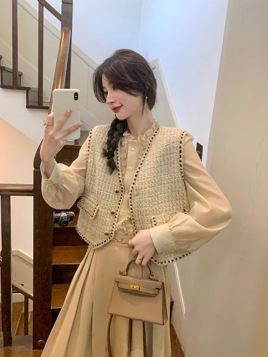 Guoguojia small fragrance vest women's spring and autumn short tweed vest temperament v-neck retro jacket top 1196