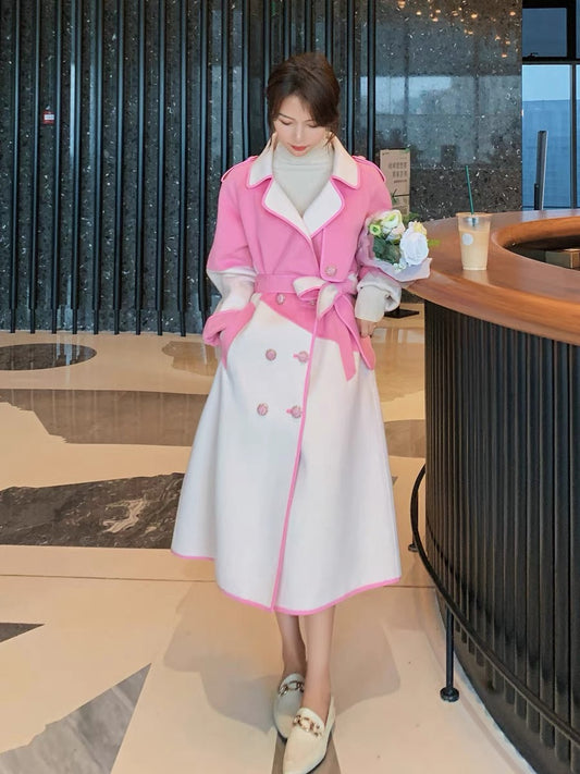 Pink woolen coat women's autumn and winter mid-length 2022 new small temperament foreign style age-reducing woolen coat