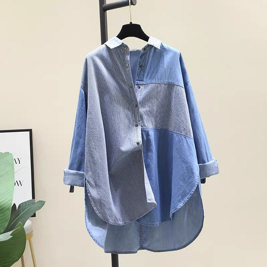 Striped stitching mid-length denim shirt women's 2022 spring new loose casual shirt long-sleeved top coat