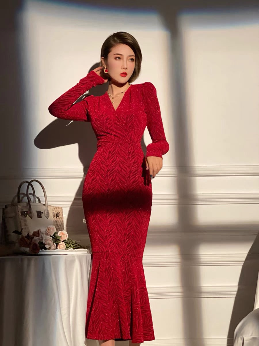 XULU's original high-elastic bright silk jacquard waist is thin and wraps the hips, light luxury, elegant temperament, goddess fan, long-sleeved fishtail skirt 1185