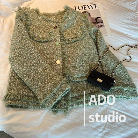 Green Xiaoxiangfeng woolen coat women's 2022 autumn new French ladies chic high-end long-sleeved top