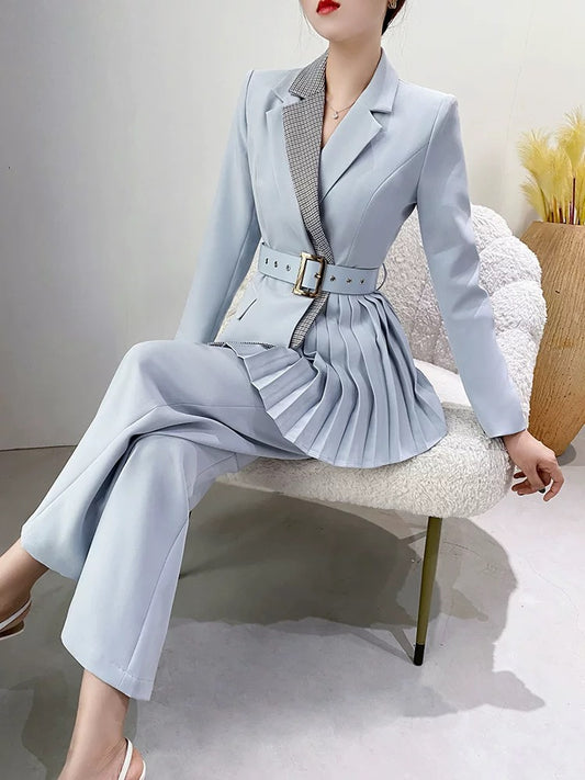 Autumn complete set with high-end royal sister professional aura strong and capable temperament women's blue suit two-piece suit 1796