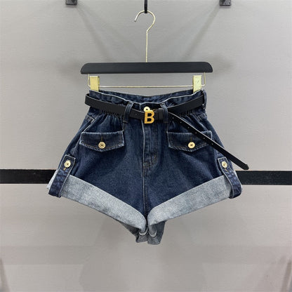 2023 Spring New Design Bud High Waist Denim Shorts Women Look Thin A-Line Wide Leg Casual Curling Hot Pants