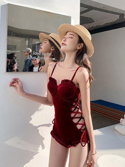 Swimsuit women's summer 2023 new high-end sense cover belly slimming sexy sling retro velvet one-piece hot spring swimsuit