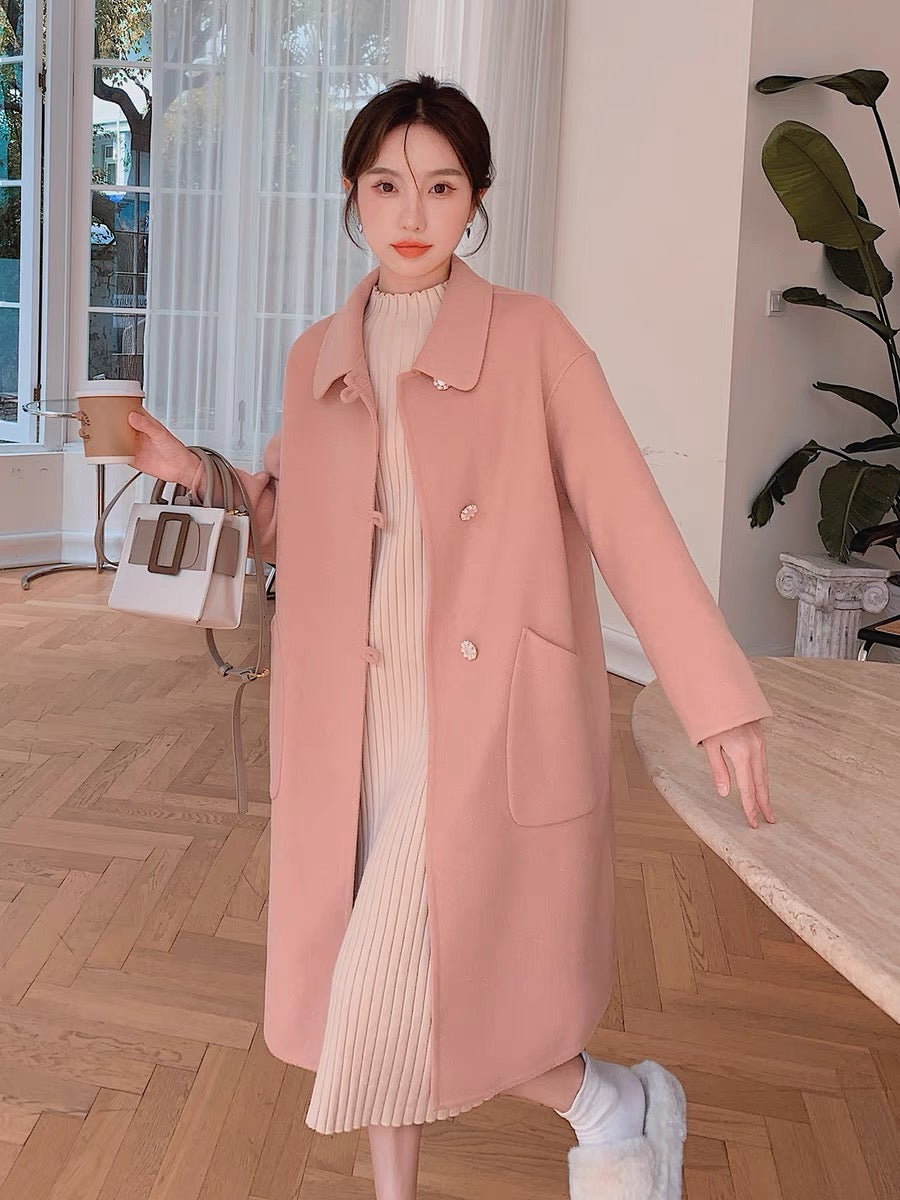 Pink Korean woolen coat women's autumn and winter small man 2022 new thickened high-quality sweet milk fufu coat