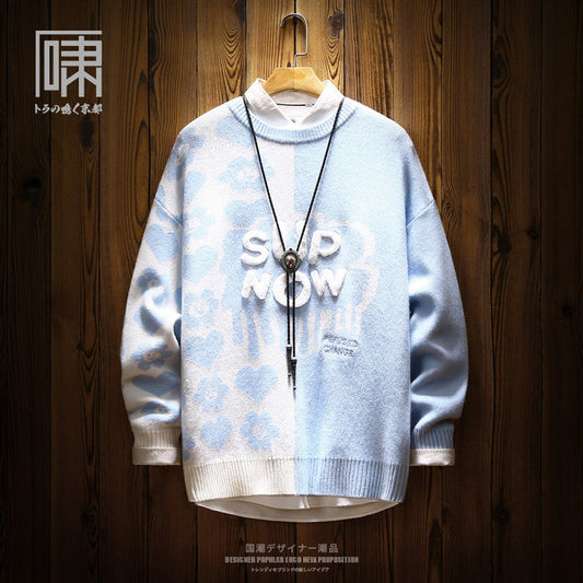 tide brand national tide Hong Kong style splicing contrast color couple sweater men's Japanese
