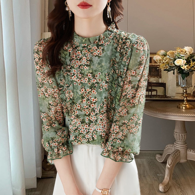 Summer floral chiffon shirt women 2023 spring and summer new beautiful small shirt women's high-end western style high-end tops