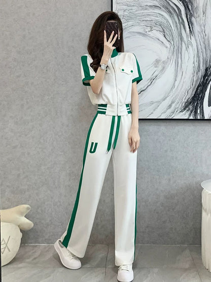 European goods high-end sports and leisure suits women's summer 2022 new style slimming fashion temperament fried street wide-leg pants two-piece set