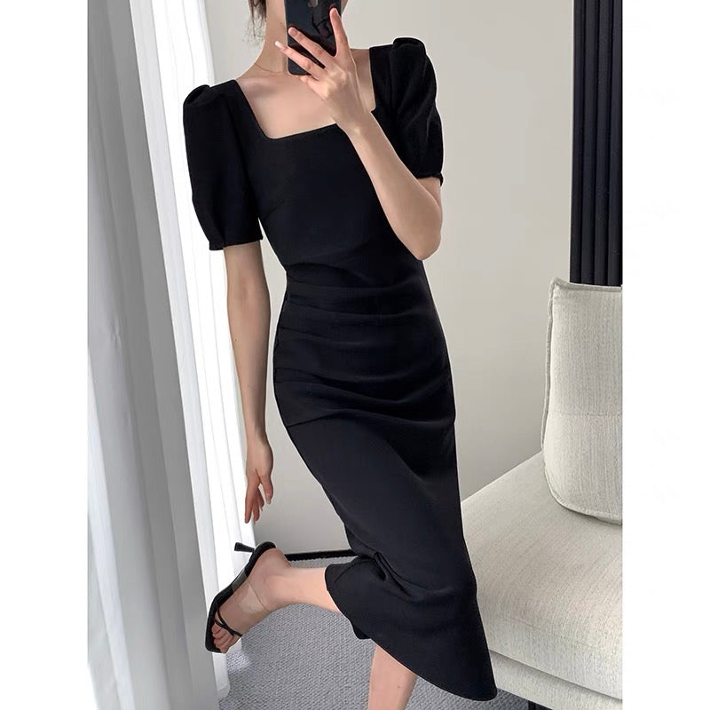 FT GUOGE black dress women's 2022 summer new waist slim French temperament Hepburn style square collar long skirt