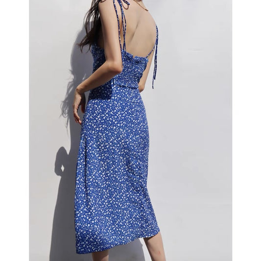 French sexy blue lace-up floral skirt V-neck waist slimming side slit suspender dress holiday beach dress