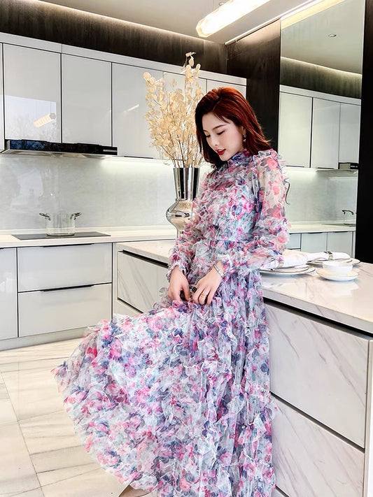 2022 early autumn mesh floral long dress French temperament goddess fan seaside holiday cake skirt fairy 1412