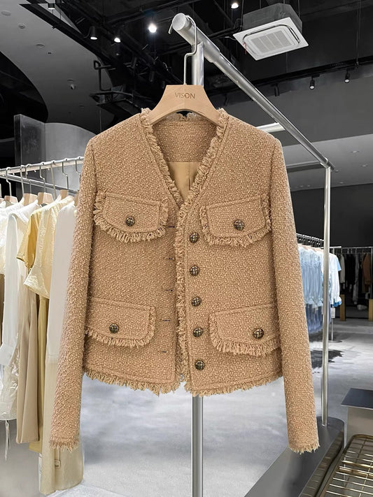 Khaki commuter single-breasted small fragrance suit jacket women's short style slimming celebrity 2022 autumn and winter new product tops