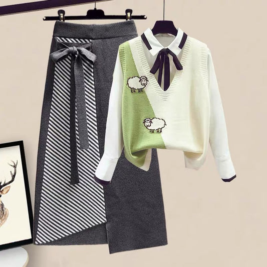 Sweet little fresh autumn knitted three-piece skirt fashion vest shirt suit 2022 new women's spring 1881