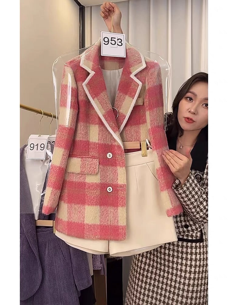 Winter 2022 new style small fragrance suit ladies autumn and winter thickening professional plaid suit jacket shorts two-piece set