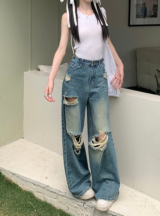 Black Strawberry~ American retro high waist slim ripped jeans women's loose drape floor mopping wide-leg pants