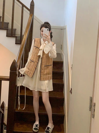 GUOGUOWOMEN tweed vest women's autumn new small fragrance V-neck sleeveless outer jacket 1106