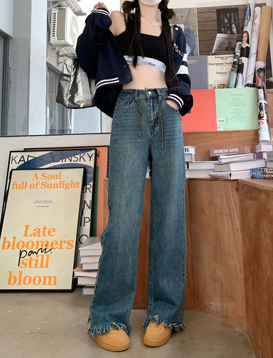 Hong Kong-style high-waisted jeans women's autumn design tassel wide-leg pants 2022 new retro loose straight pants