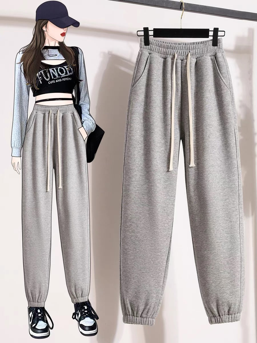 Sports pants women's 2022 autumn and winter new style plus velvet thick warm gray small casual trousers