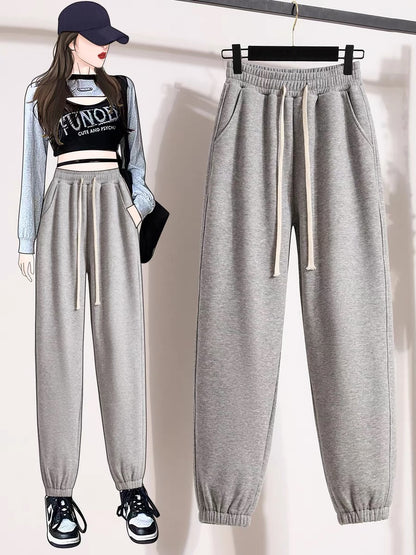 Sports pants women's 2022 autumn and winter new style plus velvet thick warm gray small casual trousers
