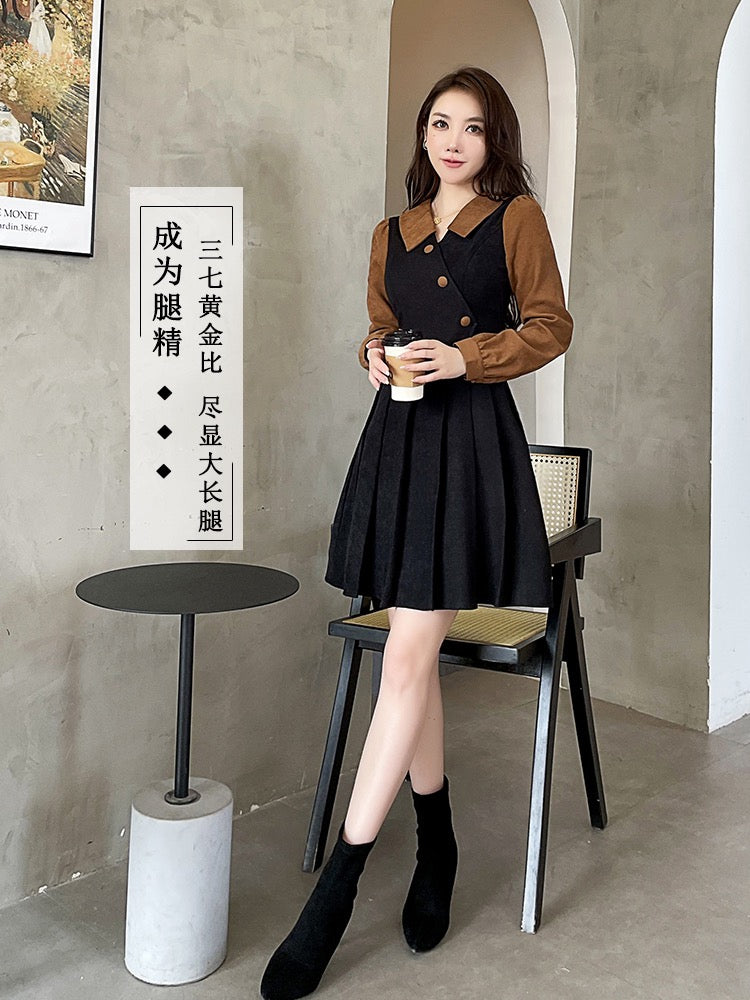 Pleated skirt 2022 new women's autumn and winter coffee color stitching lapel fake two pieces retro French daughter dress