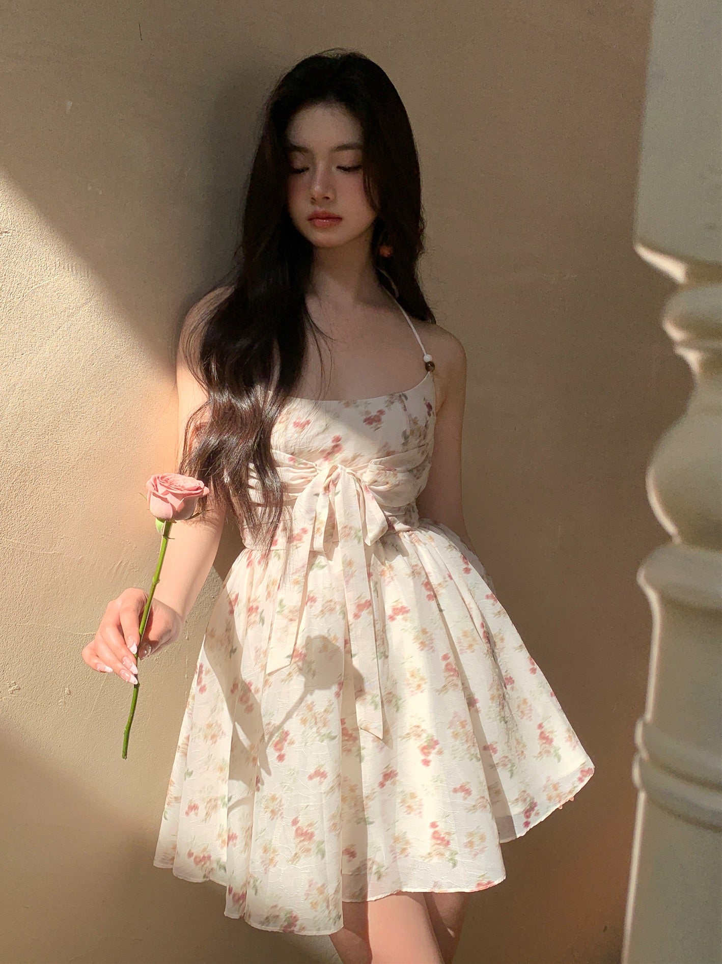 Vetiver Halter Neck Sleeveless Waist Sweet Backless Floral Bow Knot Dress Short Skirt
