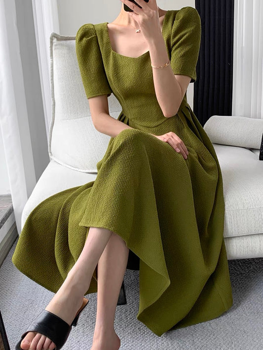FT GUOGE green dress women's 2022 summer new high-end sense waist slim temperament square collar midi skirt