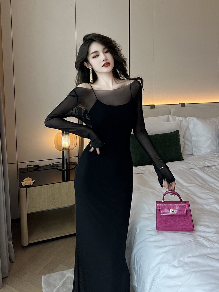 European station French Hepburn style high-end sexy royal sister sexy dress autumn and winter new slim fit slim blouse long skirt