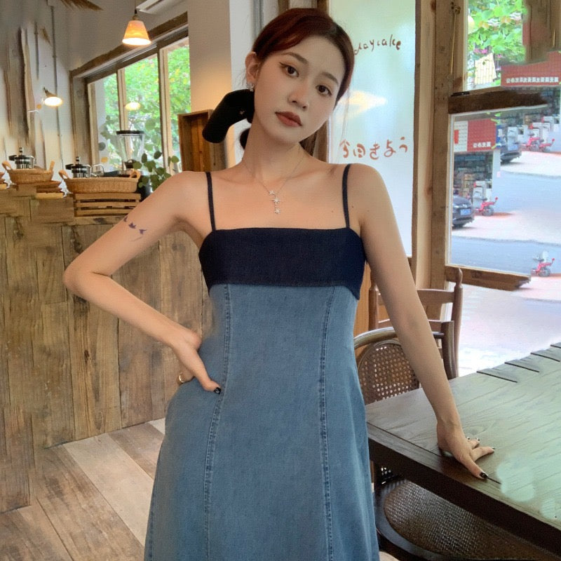 High-end temperament contrast color waist denim suspender dress women's summer new niche chic mid-length skirt