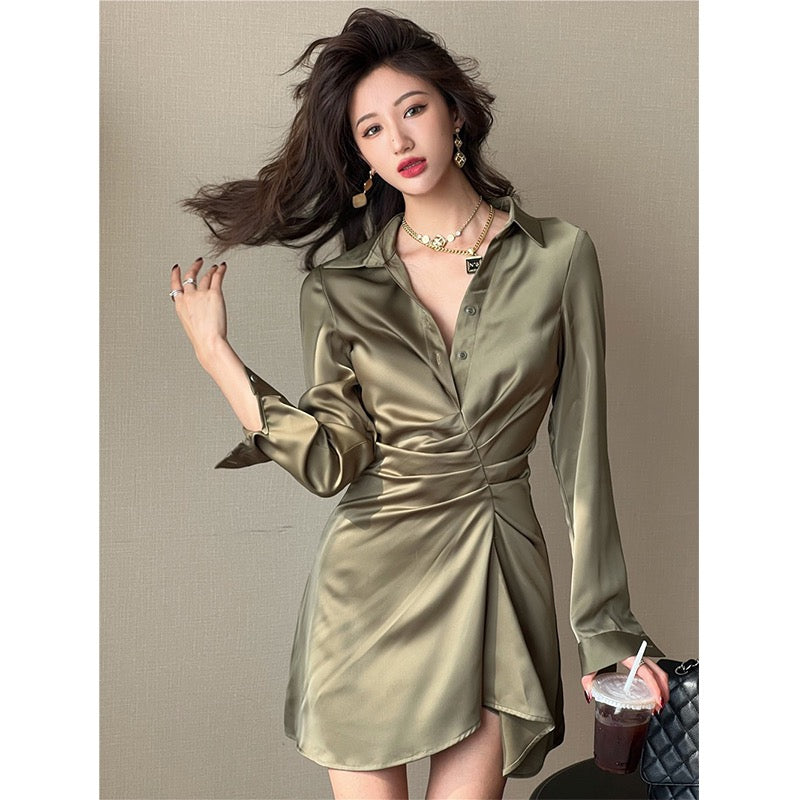 HBE Shui Ge girl group C-position sparkling green v-neck shirt dress long-sleeved waist bag hip shirt dress female