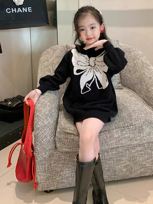 Original girls' children's clothing autumn Korean version bow pullover sweater children's and girls' baby autumn clothing mid-length knitted sweater